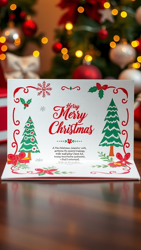 Open Z-fold Christmas card with festive decorations and a holiday message.